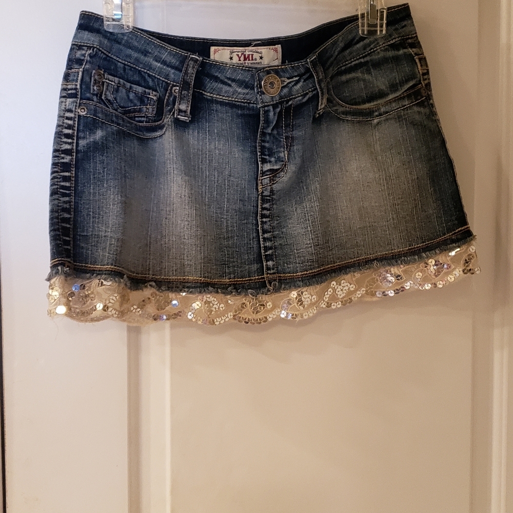 YMI denim jean white lace, silver sequin skit, size 5